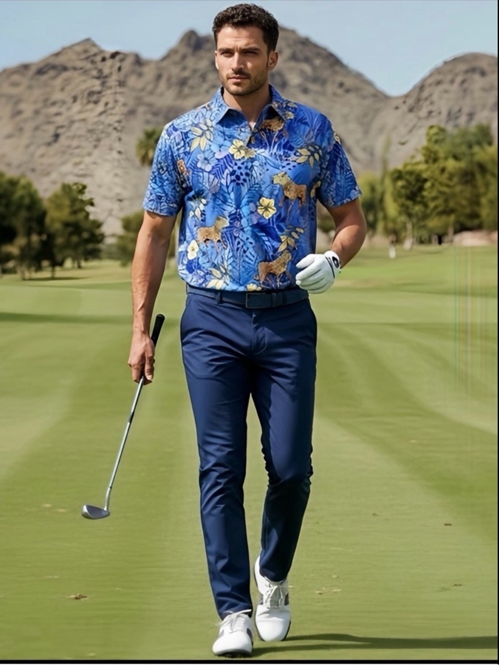 Birdie Bound Men’s Golf Polo Shirt Blue Leopard Print Performance Stretch Size M